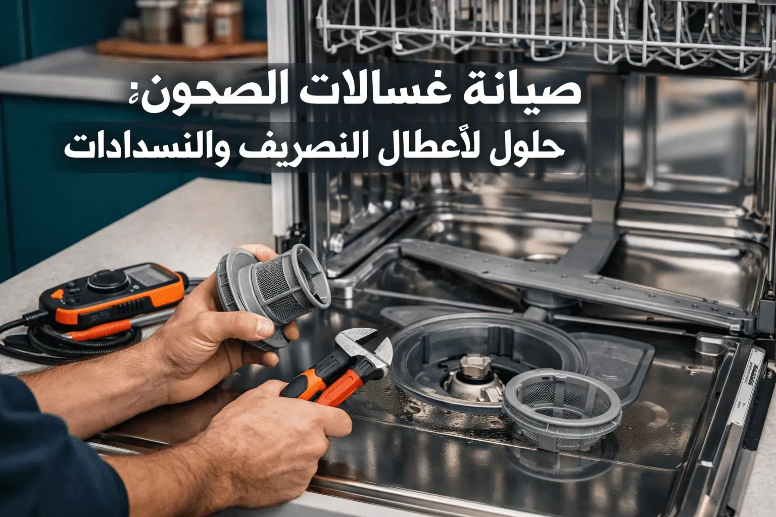 فني يفحص غسالة صحون متوقفة عن التصريف قبل بدء الصيانة