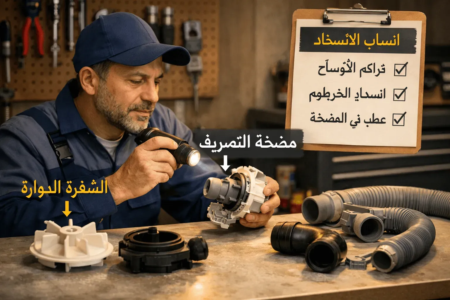 مكونات مضخة تصريف غسالة الصحون مفكوكة على طاولة عمل نظيفة