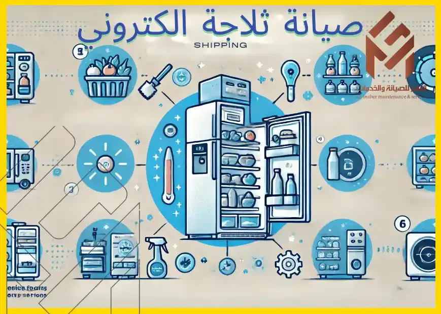 صورة توضيحية جذابة بصريًا توضح كيفية صيانة ثلاجتك الإلكترونية للحصول على الأداء الأمثل.صيانة ثلاجة الكتروني