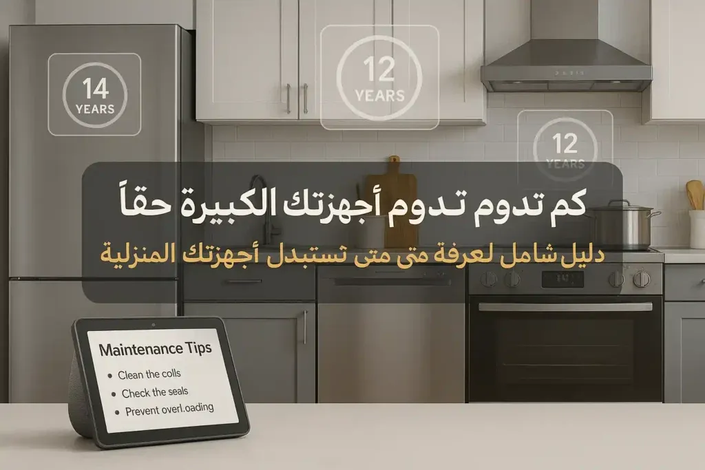 مطبخ حديث يحتوي على ثلاجة وفرن مع شاشة تعرض نصائح صيانة، مكتوب فوقه نص يوضح متوسط عمر الأجهزة المنزلية باللغة العربية.كم يجب أن تدوم الأجهزة الكبرى ومتى يجب استبدالها