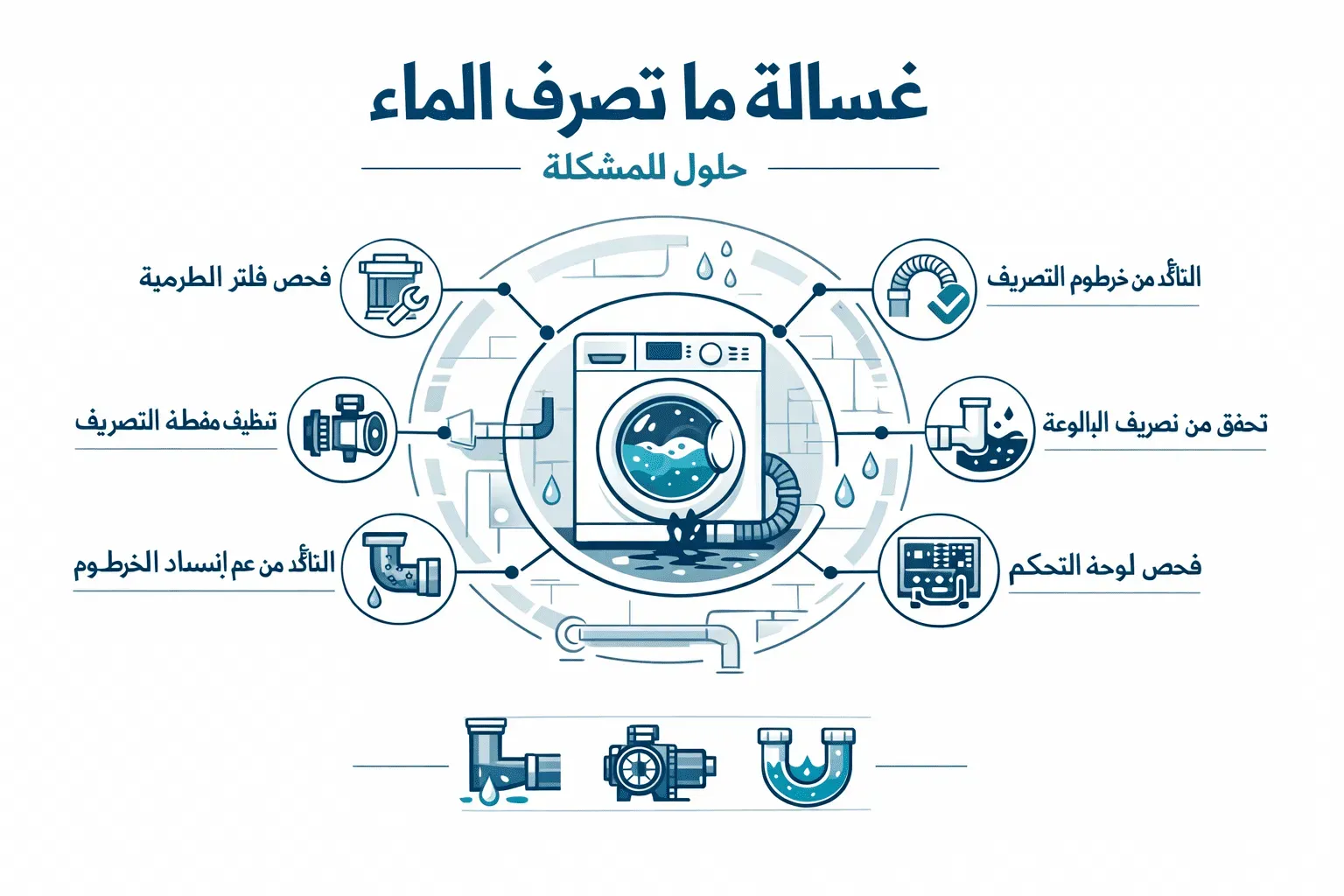Professional editorial infographic showcasing key points about غسالة ما تصرف الماء, featuring a central circular diagram with 6 highlighted