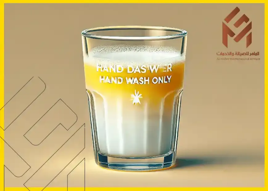 كوب زجاجي مصفر لسبب الحليب مكتوب عليه "HAND WASH ONLY" وخلفية باللون البيج مع شعار شركة الظاهر للصيانة والخدمات. 18 شيئًا يجب ألا تضعها أبدًا في غسالة الأطباق