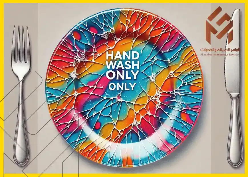 طبق ملون بنقوش متعددة الألوان وكلمات "HAND WASH ONLY" مع شوكة وسكين على الجوانب. 18 شيئًا يجب ألا تضعها أبدًا في غسالة الأطباق