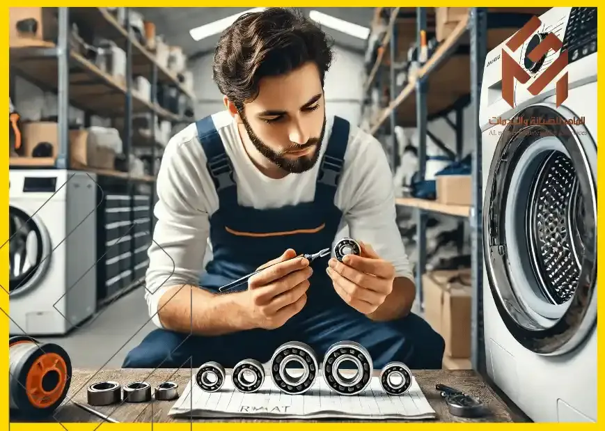  مهندس يمسك في يده ويقوم بعمل اختبار فحص الرمانات لمشكلة غساله دايو تطلع صوت عالي اثناء التنشيف