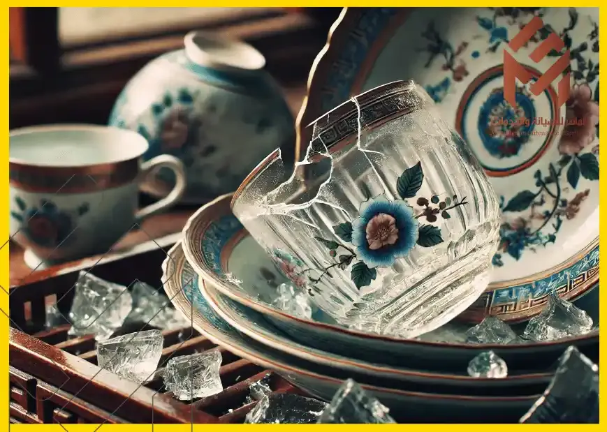 كوب زجاجي مكسور ومزين بزخارف زهور، موضوع على أطباق عليها نقوش مشابهة، محاط بقطع من الجليد، وخلفية بها كوب شاي. 18 شيئًا يجب ألا تضعها أبدًا في غسالة الأطباق