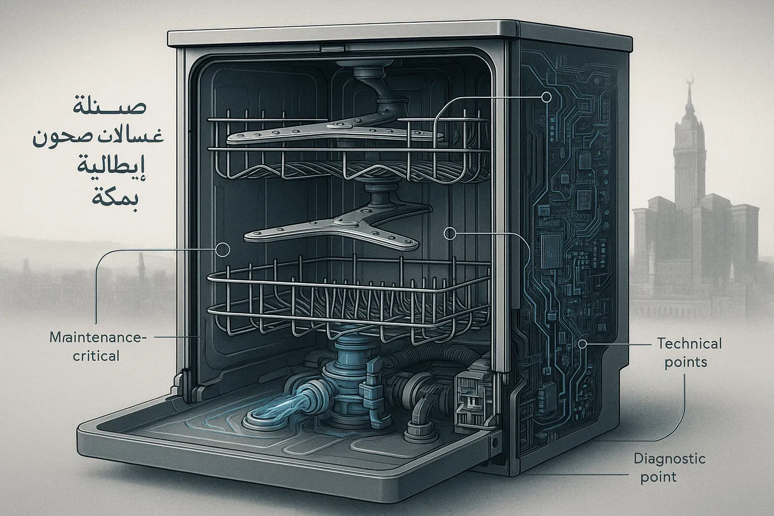 Professional editorial illustration depicting detailed cross-section of an Italian dishwasher, highlighting intricate internal mechanical co