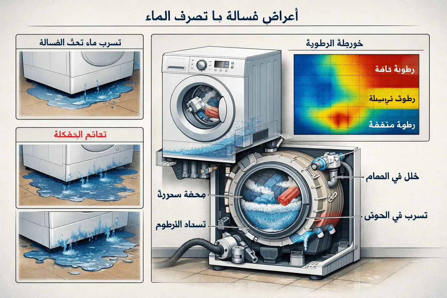 Detailed diagnostic illustration depicting common symptoms of غسالة ما تصرف الماء problem, split-screen visual showing water leakage stages,