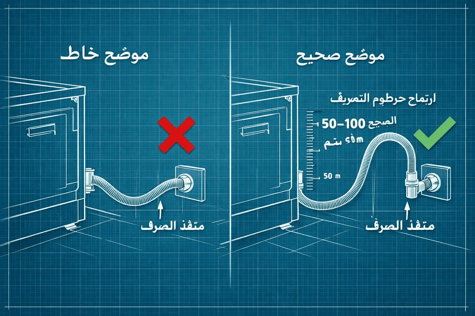 مخطط توضيحي لمسار خرطوم تصريف غسالة الصحون من الجهاز إلى مخرج الصرف