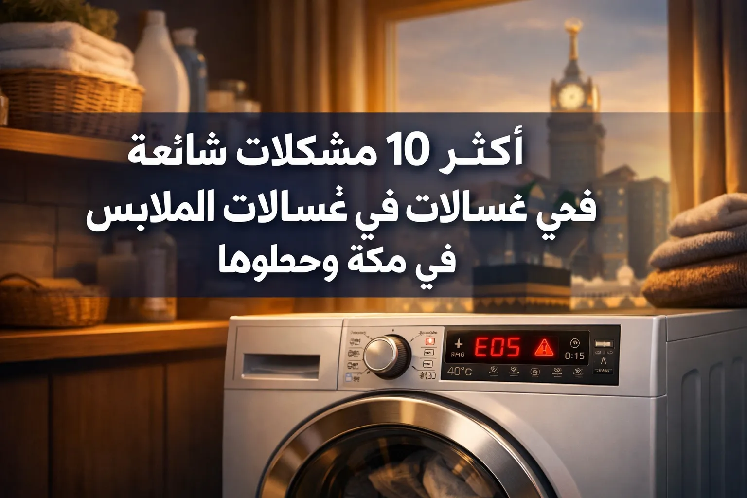 Professional () hero image with Arabic : 'أكثر 10 مشكلات شائعة في غسالات الملابس في مكة وحلولها' in extra large white with