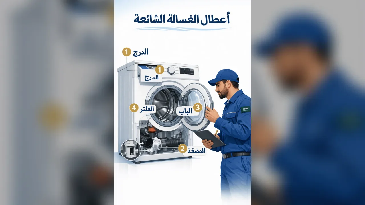 فني الماهر يفحص غسالة ملابس ضمن صيانة دورية في مكة