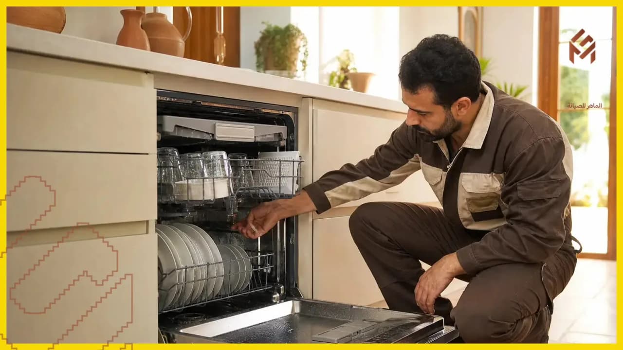 فني يفحص غسالة صحون مفتوحة في مطبخ العميل
