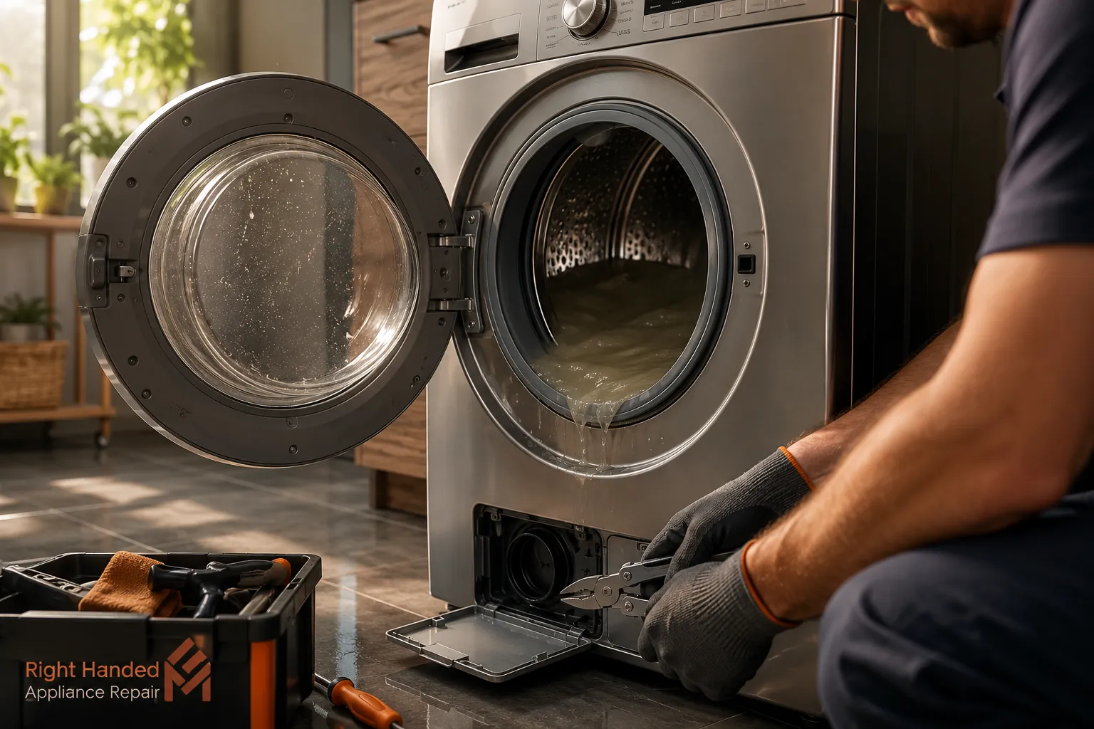 Professional () hero image. A modern front-load washing machine with its door slightly open, showing murky water stuck