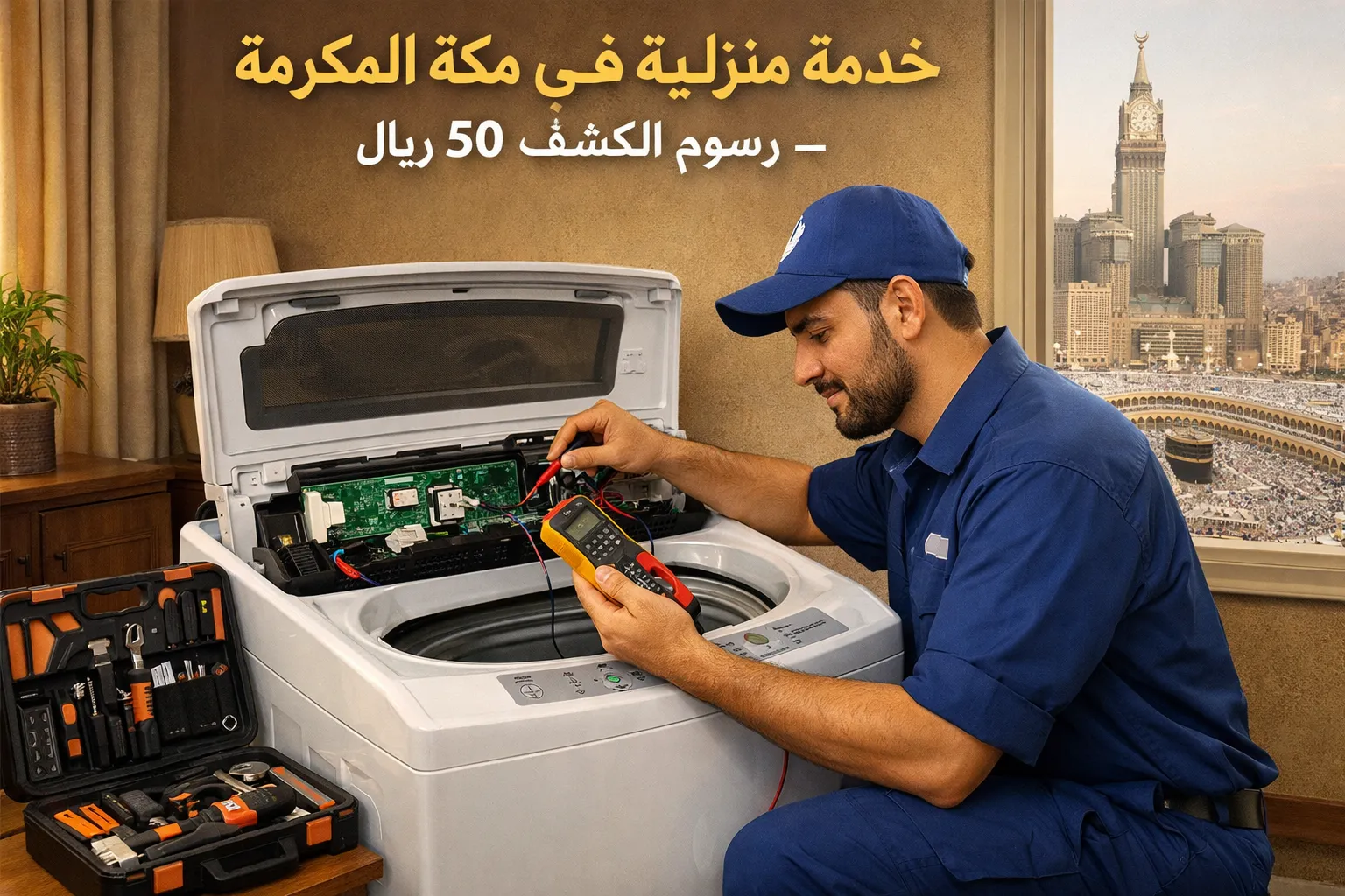 فني يفحص بورد تحكم الغسالة بجهاز قياس كهربائي وأدوات صيانة منزلية
